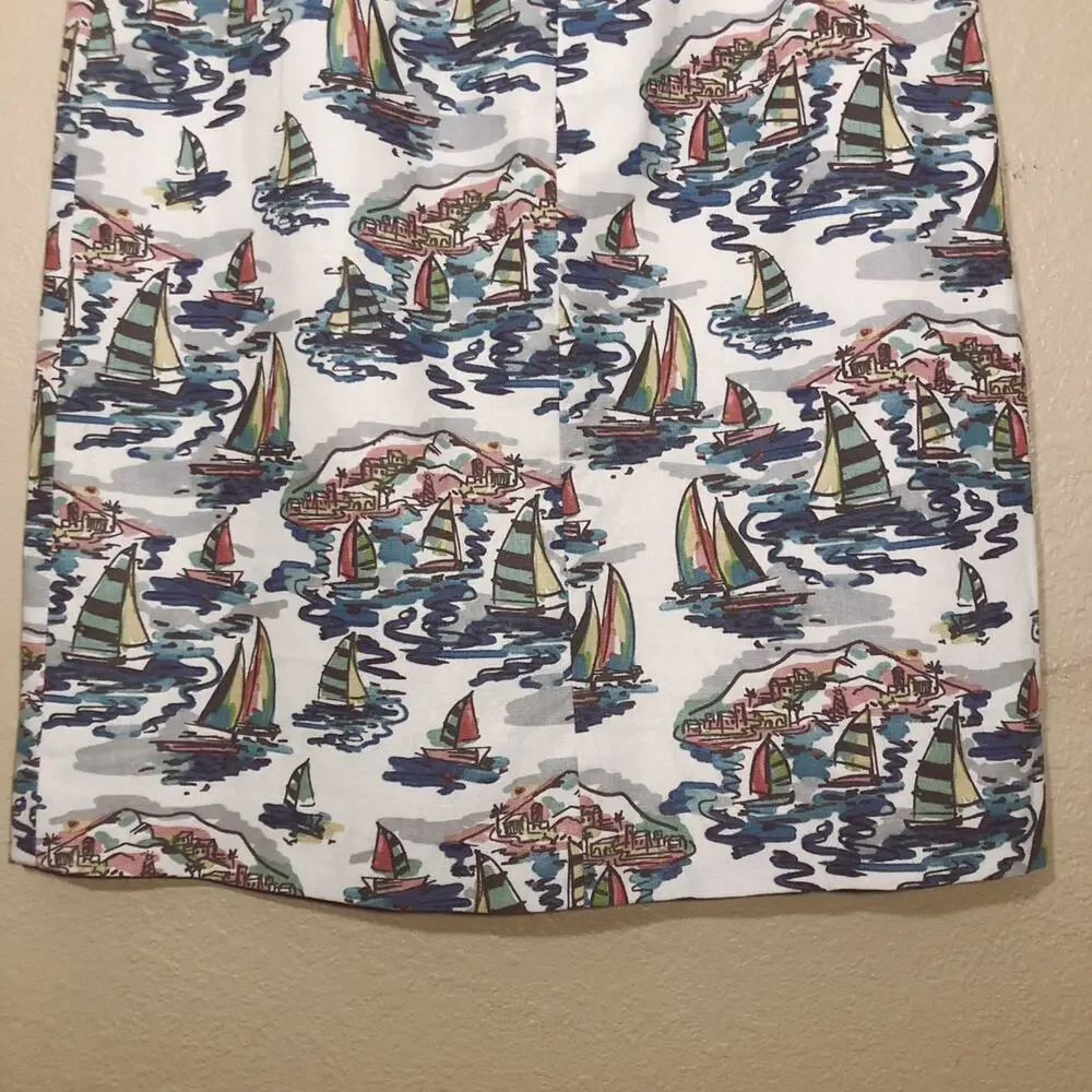 Nine West Sweet Escape Havana Nautical Sailboat Beach Print Linen Blend Skirt